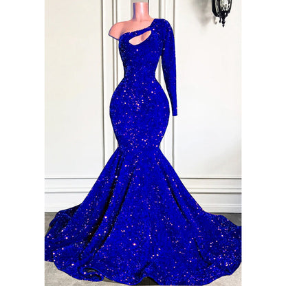 Unique Scoop Long Sleeves Sequins Sparkly Prom Dress