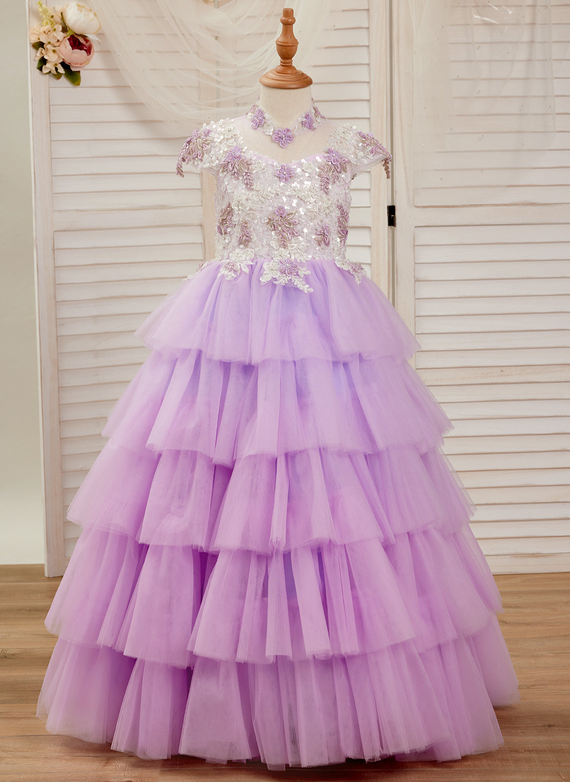 Lilac Tulle Princess Ball Gown with Floral Appliques and Beading for Girls