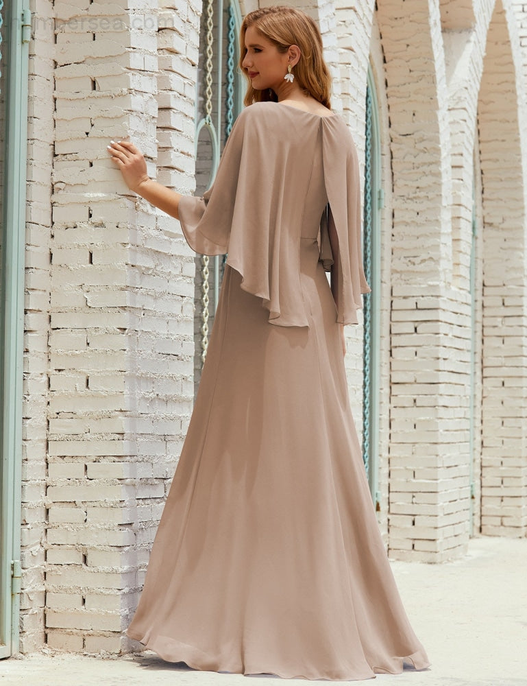 Numbersea Bridesmaid Dress Women Long Sleeve V-Neck Chiffon Formal Wedding Party 28018