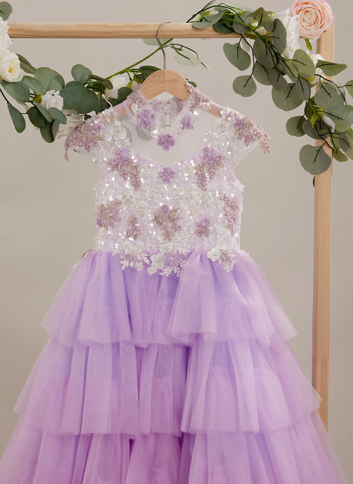 Lilac Tulle Princess Ball Gown with Floral Appliques and Beading for Girls