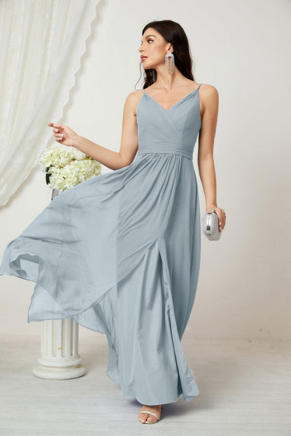 Numbersea Chiffon V-Neck Bridesmaid Dress Spaghetti Strap Long Formal Party Prom Gowns with Slit 28010-numbersea