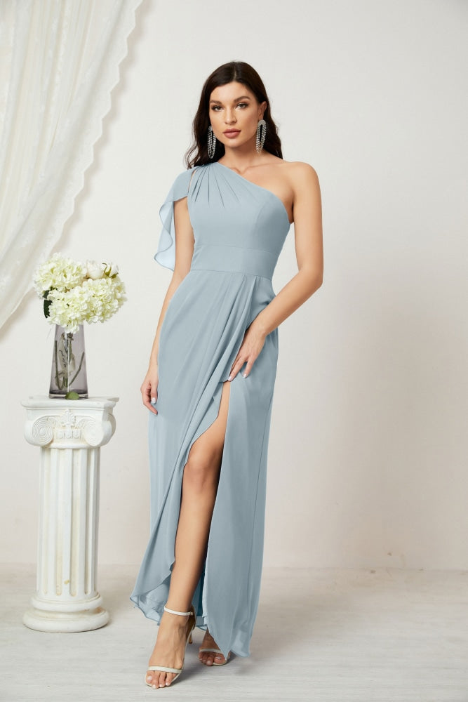 Numbersea Chiffon Ruffled One Shoulder Long Bridesmaid Dresses A-line Formal Evening Gown Side Split 2809-numbersea