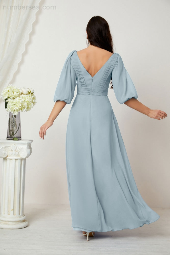 Numbersea Formal Prom Gown Women V-Neck Chiffon Bridesmaid Dresses Long Bishop Sleeve Party Dress 2807-numbersea