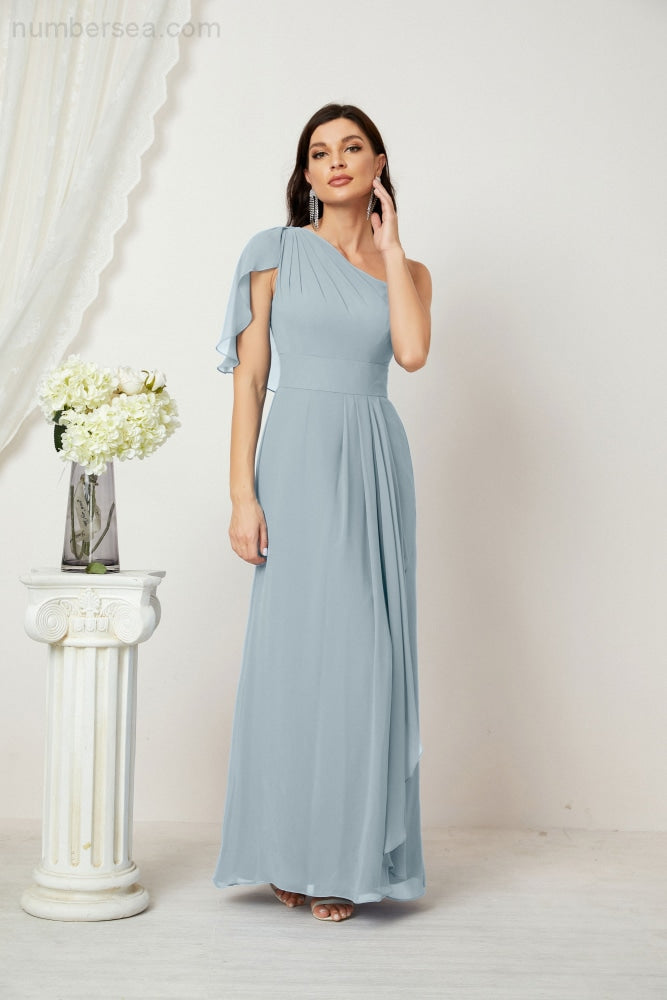 Numbersea Chiffon Ruffled One Shoulder Long Bridesmaid Dresses A-line Formal Evening Gown Side Split 2809-numbersea