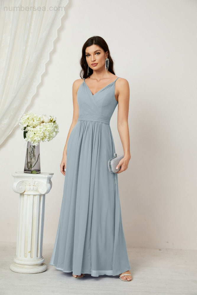 Numbersea Chiffon V-Neck Bridesmaid Dress Spaghetti Strap Long Formal Party Prom Gowns with Slit 28010-numbersea