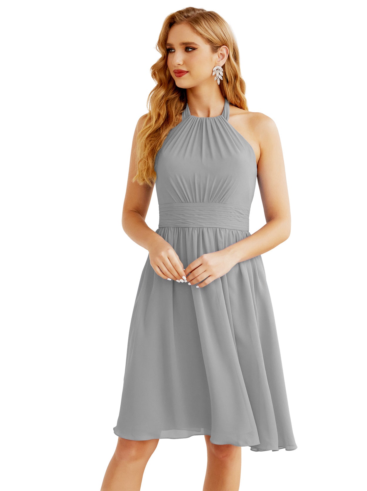 Numbersea Halter Chiffon Bridesmaid Dresses Short Sleeveless Formal Party Dress Open Back 28023