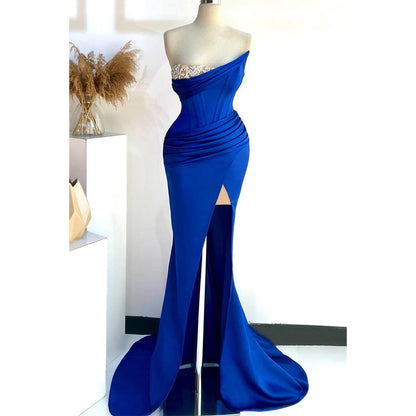 Strapless Beaded Trumpet Ruched with Side Slit Party Prom Evening Dress