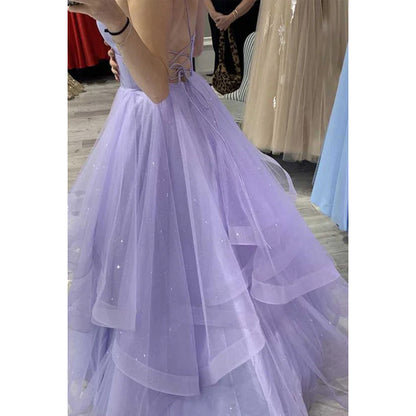 V-Neck Spaghetti Straps Sparkly Tulle A-Line Long Prom Dress