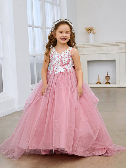 Princess Sleeveless Tulle Flower Girl Dress with Lace and Bow Pink (010224320)