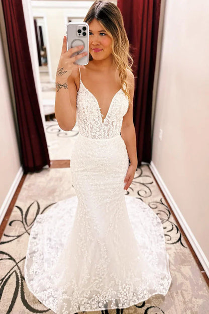 Wedding Dress Ivory Spaghetti Straps Lace Mermaid with Train