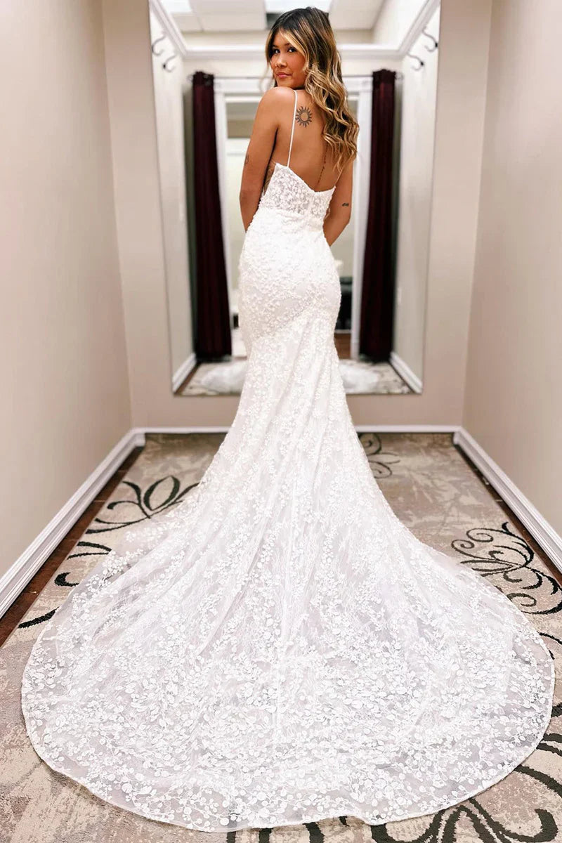 Wedding Dress Ivory Spaghetti Straps Lace Mermaid with Train