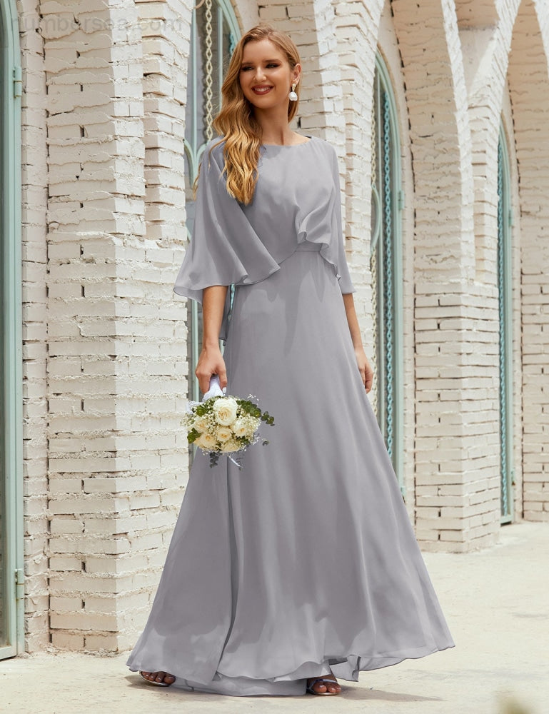 Numbersea Bridesmaid Dress Women Long Sleeve V-Neck Chiffon Formal Wedding Party 28018