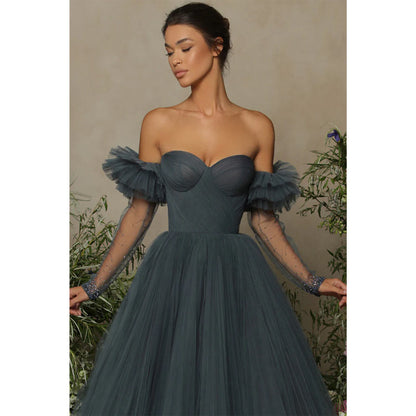 Ball Gown Sweetheart Long Sleeves Tulle Long Formal Evening Gown