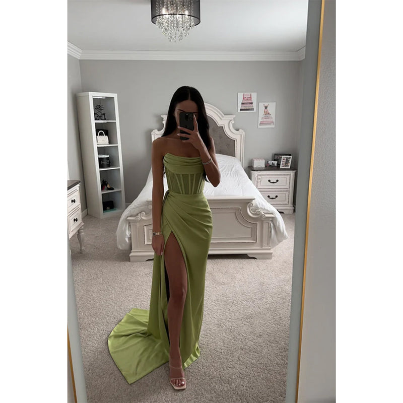 Strapless Satin Pleated Split Long Prom Dress Green Bridesmaid Dress