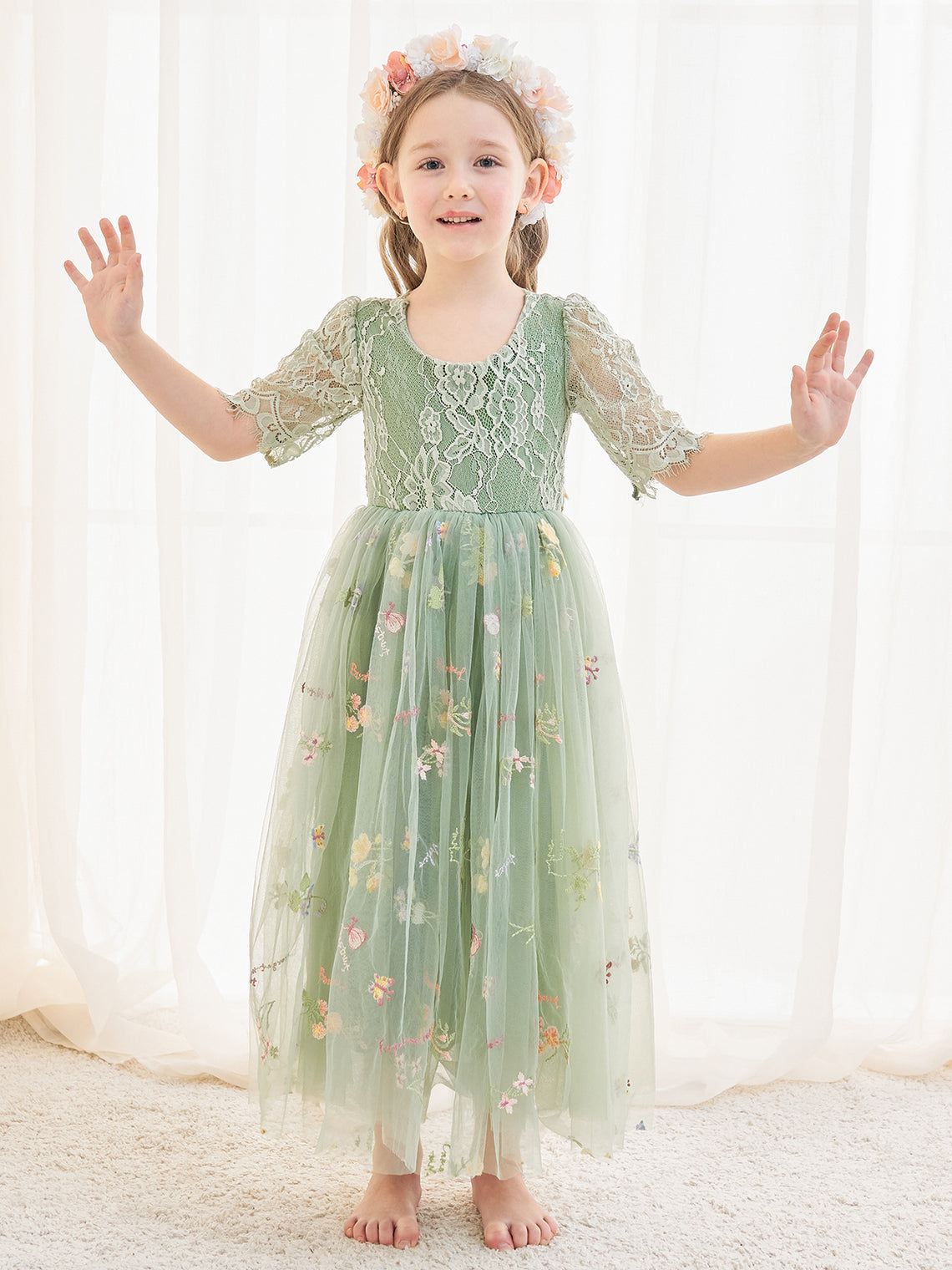 Sage Scoop Neck Cloth Surface and Tulle Flower Girl Dress (2003227581)