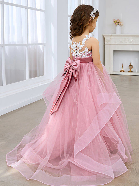 Princess Sleeveless Tulle Flower Girl Dress with Lace and Bow Pink (010224320)