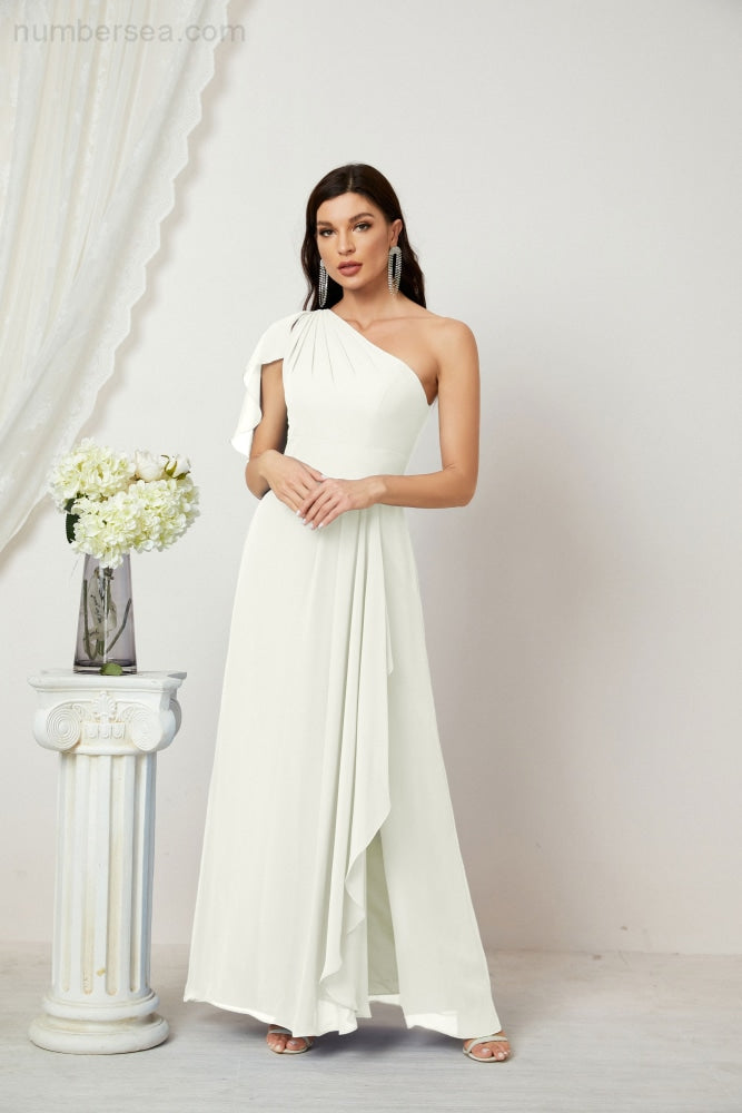 Numbersea Chiffon Ruffled One Shoulder Long Bridesmaid Dresses A-line Formal Evening Gown Side Split 2809-numbersea