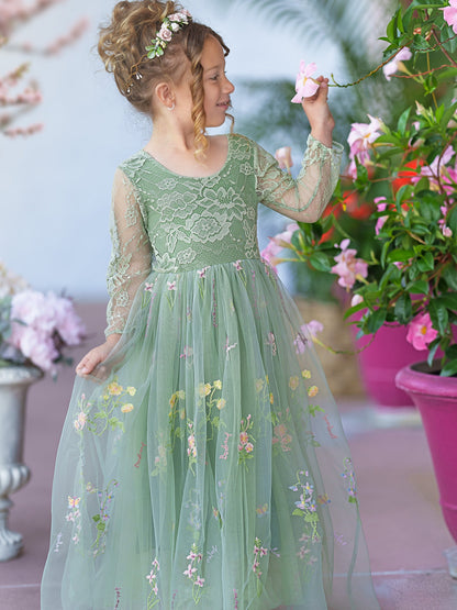 Floral Lace Embroidered Tulle A-Line Full-Length Garden Flower Girl Dress