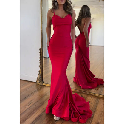 Red Backless V-Neck Spaghetti Straps Mermaid Party Prom Dress