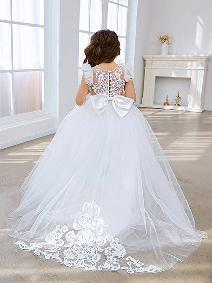 Ivory Princess Ball Gown with Lace Appliques and Tulle Court Train for Girls