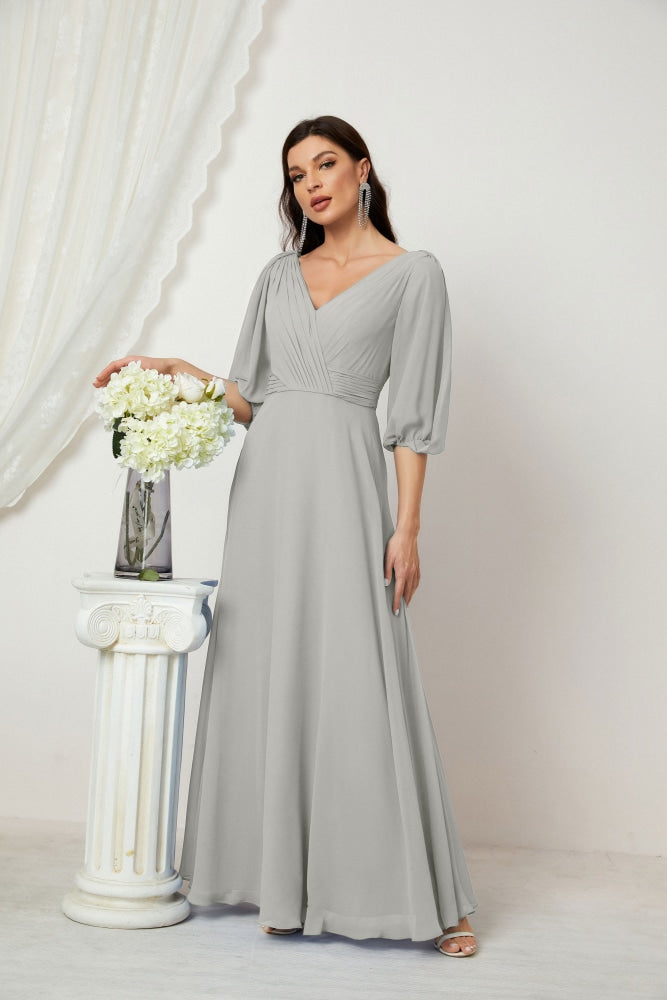 Numbersea Formal Prom Gown Women V-Neck Chiffon Bridesmaid Dresses Long Bishop Sleeve Party Dress 2807-numbersea