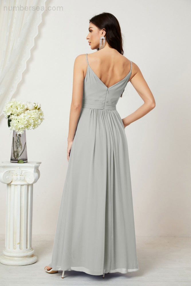 Numbersea Chiffon V-Neck Bridesmaid Dress Spaghetti Strap Long Formal Party Prom Gowns with Slit 28010-numbersea