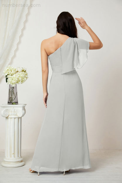 Numbersea Chiffon Ruffled One Shoulder Long Bridesmaid Dresses A-line Formal Evening Gown Side Split 2809-numbersea