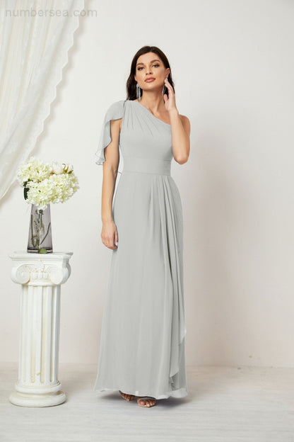 Numbersea Chiffon Ruffled One Shoulder Long Bridesmaid Dresses A-line Formal Evening Gown Side Split 2809-numbersea