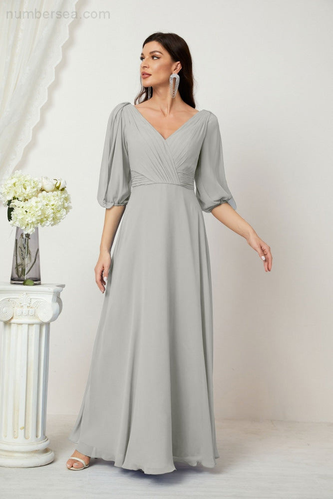 Numbersea Formal Prom Gown Women V-Neck Chiffon Bridesmaid Dresses Long Bishop Sleeve Party Dress 2807-numbersea