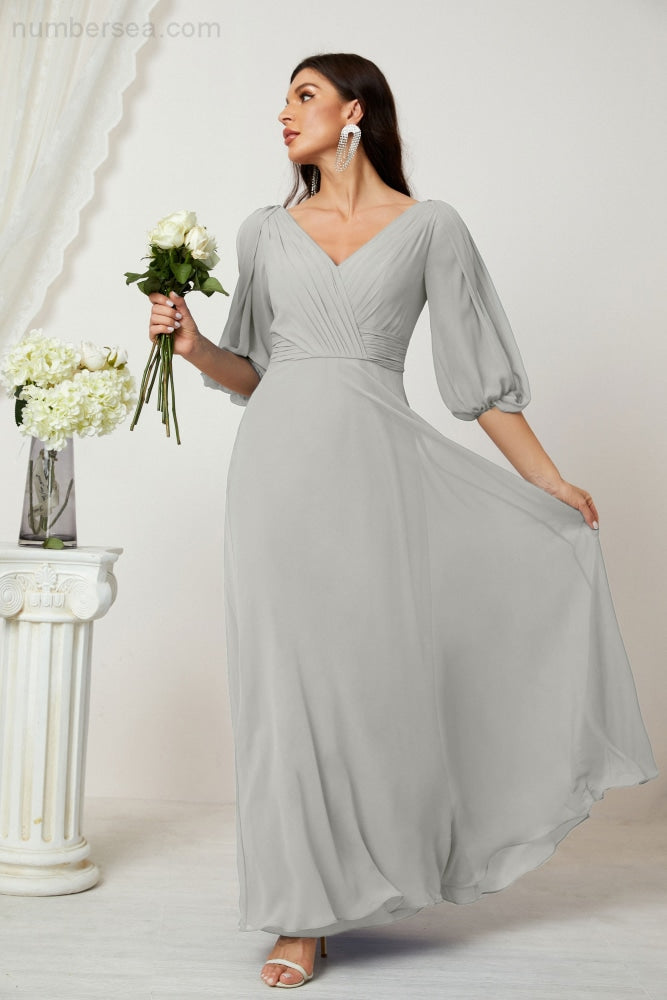 Numbersea Formal Prom Gown Women V-Neck Chiffon Bridesmaid Dresses Long Bishop Sleeve Party Dress 2807-numbersea