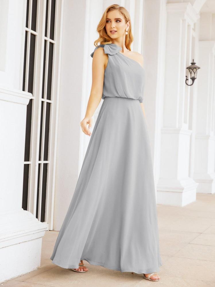 Numbersea Chiffon Ruffled One Shoulder Sleeveless Long Bride Dresses A-line Formal Evening Gown Side Split 28057-numbersea