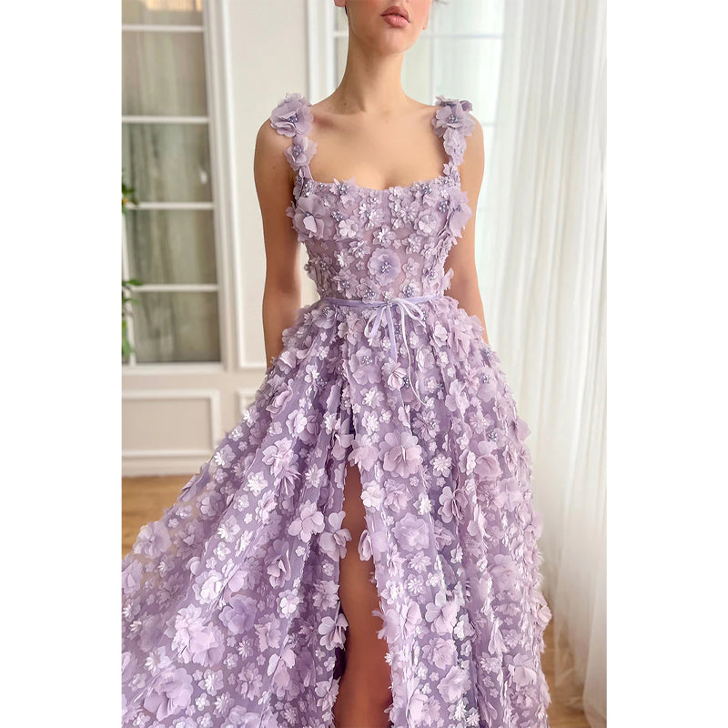 Tulle A-line Square Floral Appliqued with Side Slit Party Prom Evening Dress