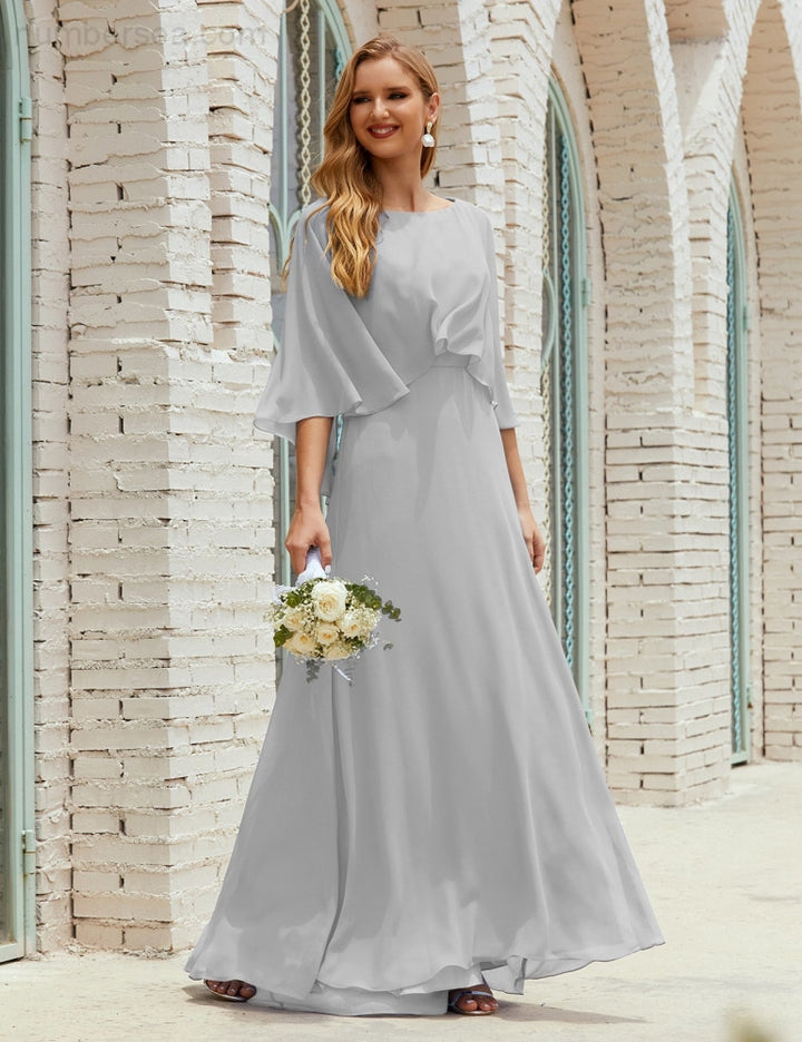 Numbersea Bridesmaid Dress Women Long Sleeve V-Neck Chiffon Formal Wedding Party 28018