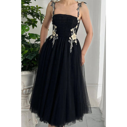 Tulle A-line Spaghetti Straps Floral Appliqued Party Prom Evening Dress