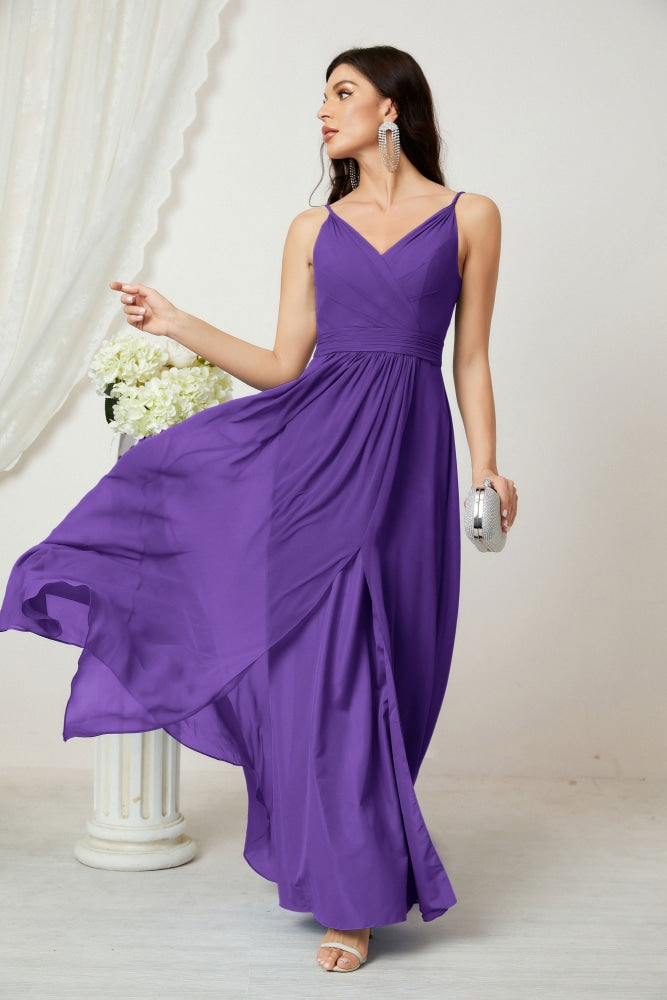 Numbersea Chiffon V-Neck Bridesmaid Dress Spaghetti Strap Long Formal Party Prom Gowns with Slit 28010-numbersea