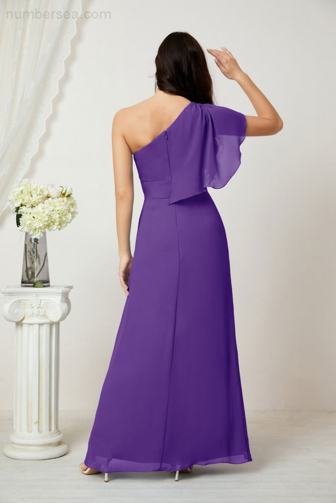 Numbersea Chiffon Ruffled One Shoulder Long Bridesmaid Dresses A-line Formal Evening Gown Side Split 2809-numbersea