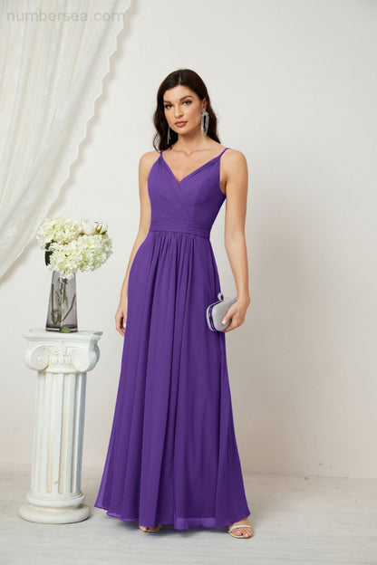 Numbersea Chiffon V-Neck Bridesmaid Dress Spaghetti Strap Long Formal Party Prom Gowns with Slit 28010-numbersea