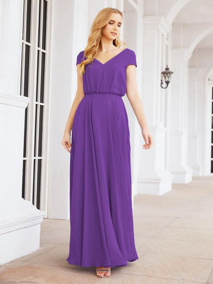 Numbersea V-Neck Bridesmaid Dresses Long Cap Sleeves Prom Evening Formal Gowns 28071-numbersea