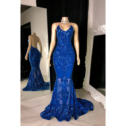 Sexy & HotMermaid Halter V-Neck Sleeveless Slit Sequins Evening Prom Dress