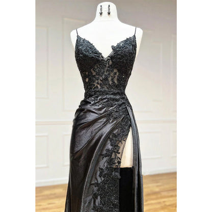 Spaghetti Straps Lace Appliques Side Slit Black Long Prom Dress