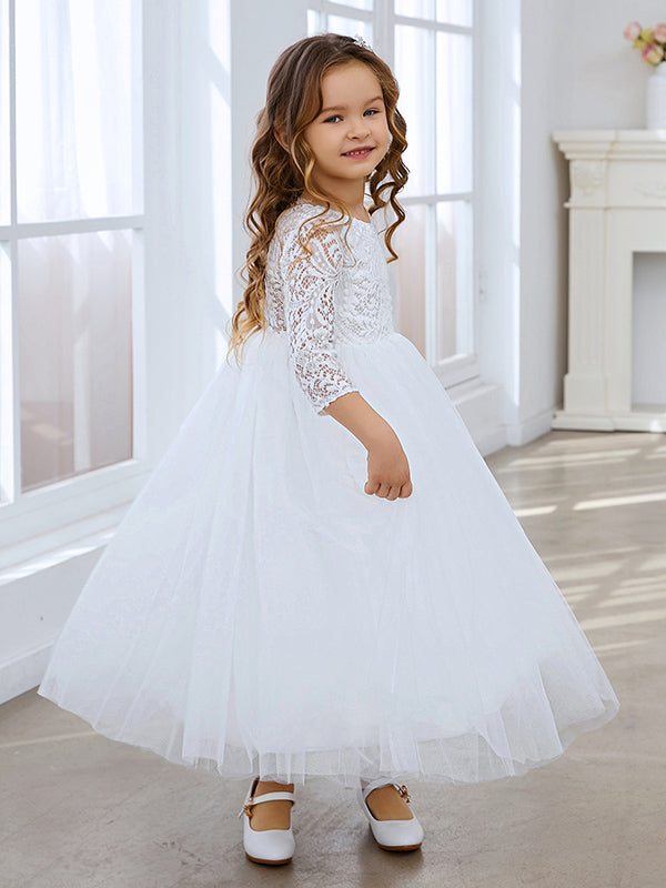 Girls Peony Lace Back A Line Tutu Tulle Party Flower Girl Dress