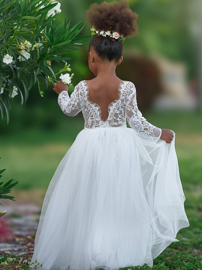 Girl Peony Lace Back A-Line Straight Tutu Tulle Party Flower Girl Dress