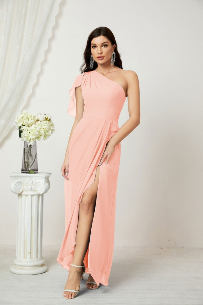 Numbersea Chiffon Ruffled One Shoulder Long Bridesmaid Dresses A-line Formal Evening Gown Side Split 2809-numbersea