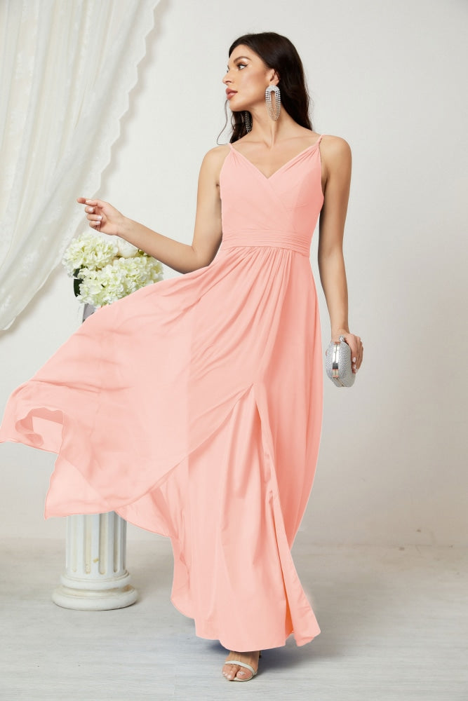 Numbersea Chiffon V-Neck Bridesmaid Dress Spaghetti Strap Long Formal Party Prom Gowns with Slit 28010-numbersea