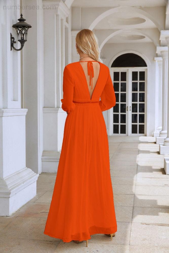 Ladies V Neck Chiffon Long Sleeve Front Slit Bridesmaid Evening Dress Wedding Party Shopping Evening Dress 28109-numbersea