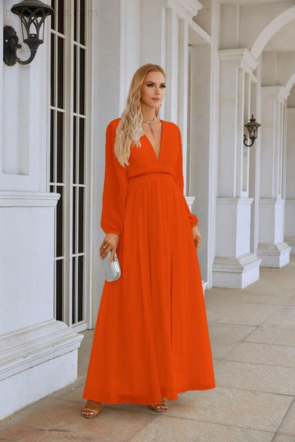 Ladies V Neck Chiffon Long Sleeve Front Slit Bridesmaid Evening Dress Wedding Party Shopping Evening Dress 28109-numbersea