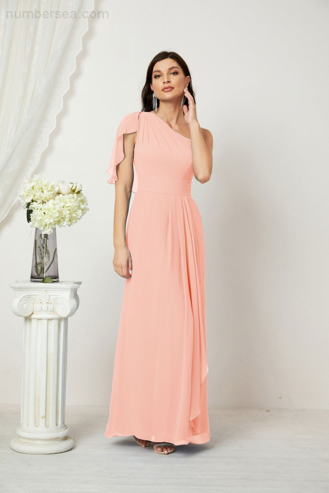 Numbersea Chiffon Ruffled One Shoulder Long Bridesmaid Dresses A-line Formal Evening Gown Side Split 2809-numbersea