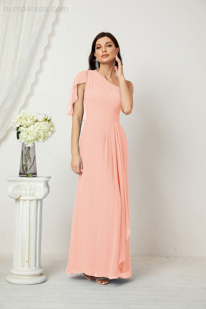 Numbersea Chiffon Ruffled One Shoulder Long Bridesmaid Dresses A-line Formal Evening Gown Side Split 2809-numbersea