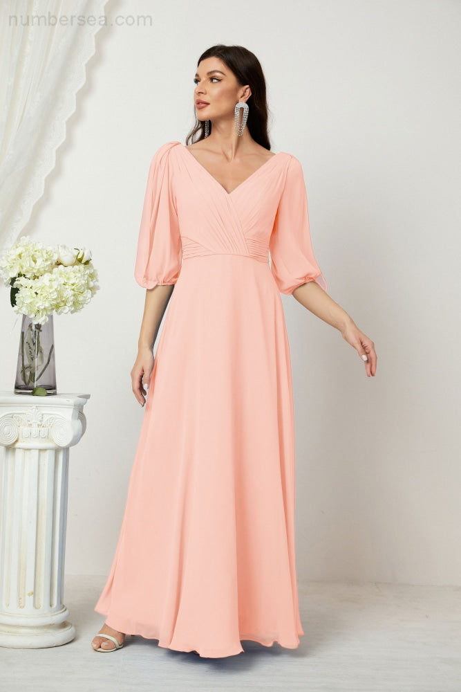 Numbersea Formal Prom Gown Women V-Neck Chiffon Bridesmaid Dresses Long Bishop Sleeve Party Dress 2807-numbersea