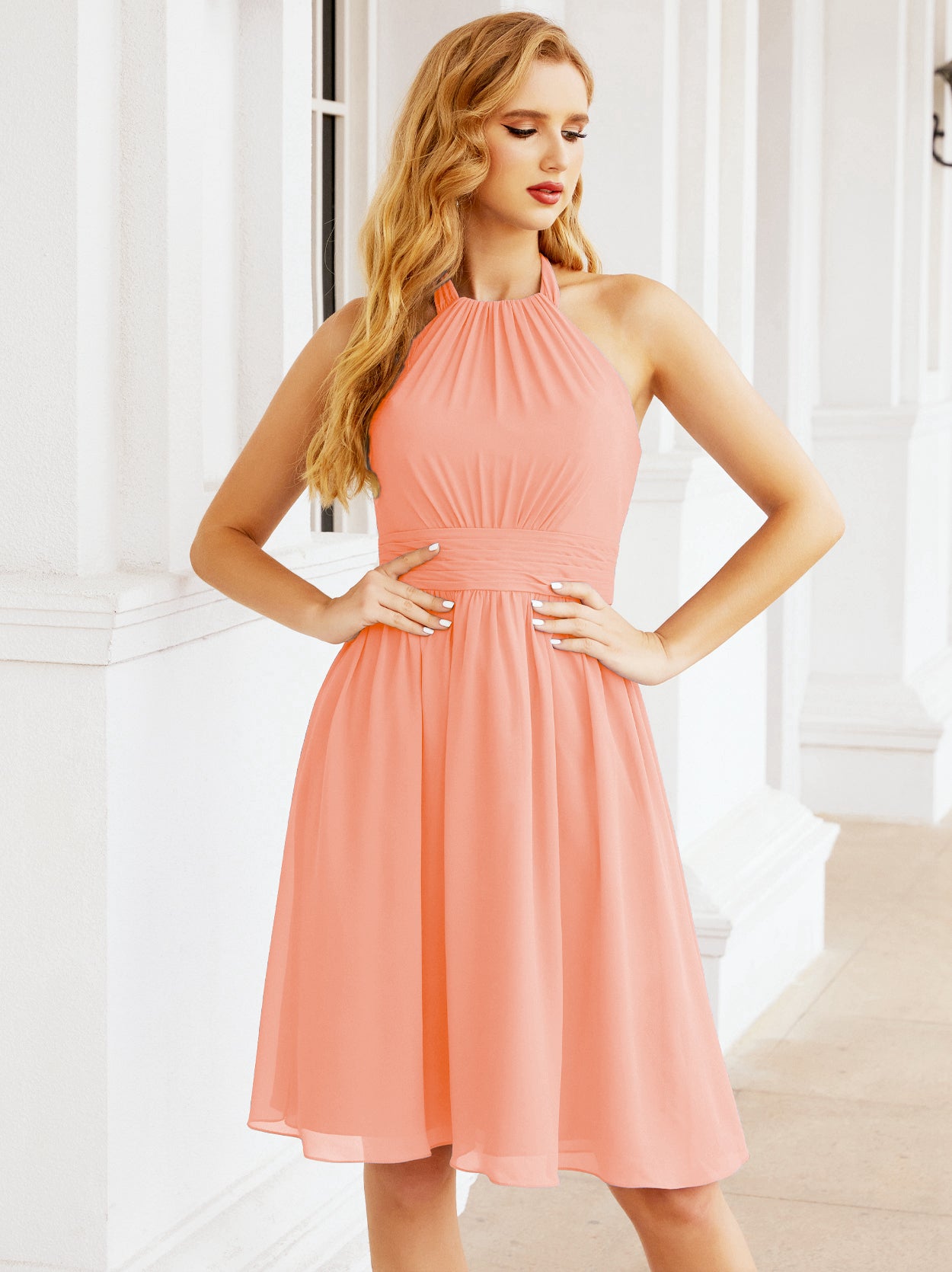 Numbersea Halter Chiffon Bridesmaid Dresses Short Sleeveless Formal Party Dress Open Back 28023